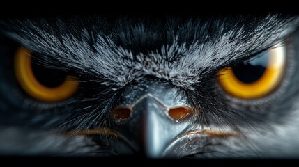  A close up of an owl's face with yellow eyes