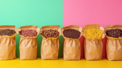 Colorful Beans in Paper Bags Against a Vibrant Background