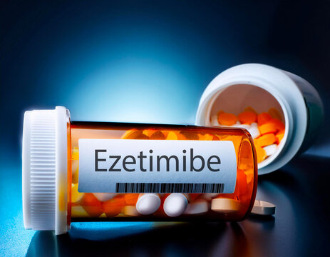 Ezetimibe medication. Pills in a pharmacy-provided bottle.	

