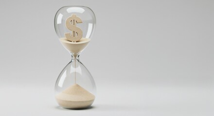 An hourglass filled with sand and a dollar sign emphasizes the connection between time and financial considerations, suitable for illustrating financial concepts and temporal management.

