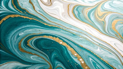 abstract background. A close-up of abstract teal and gold marble texture featuring elegant fluid patterns and luxurious swirls.