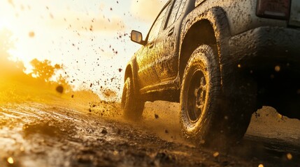 Obraz premium Truck Kicking Up Mud in Bright Sunlight