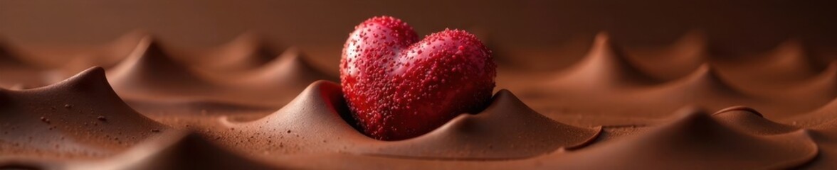 A single heart-shaped chocolate rises dramatically from a sea of chocolate waves , melt, valentine, texture