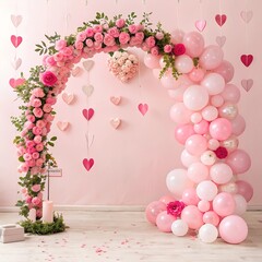 spectacularly decorated stage with a large arch of colorful balloons, various floral arrangements, and a green curtain. Delightful wedding dessert area featuring a tiered cake surrounded by elegant