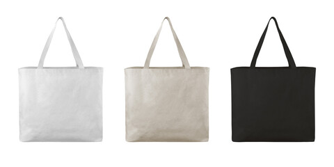 Tote bag canvas eco friendly bag square, mockup canvas white beige black colors on isolated white background.
