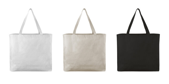 Tote bag canvas eco friendly bag square, mockup canvas white beige black colors on isolated white background.