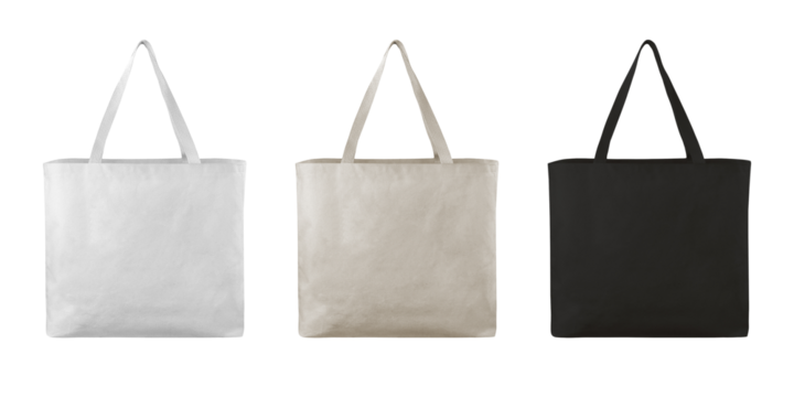 Tote bag canvas eco friendly bag square, mockup canvas white beige black colors on isolated white background.