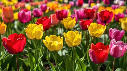 Vibrant Spring Tulips in Full Bloom: A Colorful Garden Display