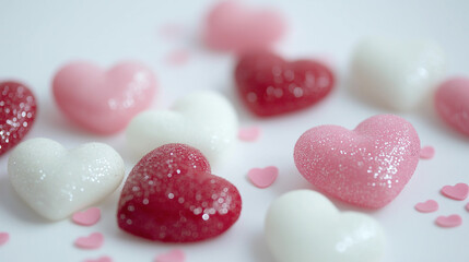 Fototapeta premium A pile of heart-shaped candies, mostly red, pink, and white, 