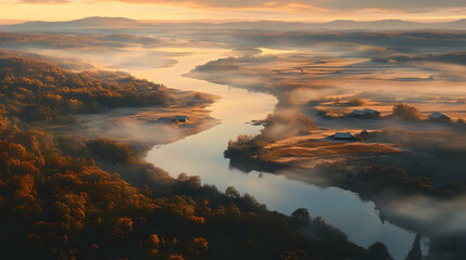 Fototapeta premium Misty River Sunrise: Breathtaking Aerial View of Autumn Landscape