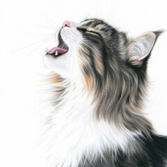  a drawing of a cat with its mouth open and tongue out, set against a white background
