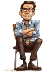  a cartoon of a man sitting on a chair with his arms crossed, wearing a blue shirt, brown tie, black pants, and black shoes against a white background