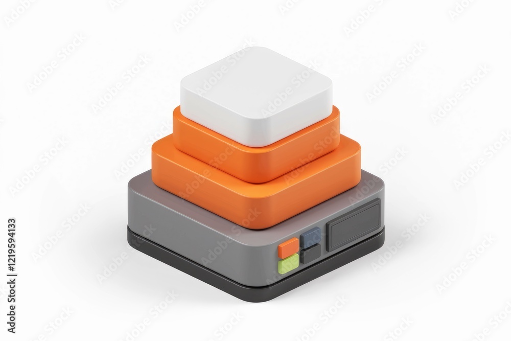 Poster Stacked square blocks in grey, orange, and white on a base with buttons; 3D rendered illustration.