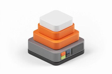 Stacked square blocks in grey, orange, and white on a base with buttons; 3D rendered illustration.