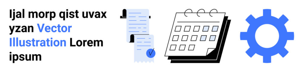 Stack of papers with a checkmark, a calendar, and a blue gear. Ideal for business planning, organization tips, scheduling, project management, productivity tools, corporate presentations, marketing