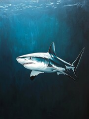 Fototapeta premium a great white shark swimming in the ocean, painted in a realistic style The shark is depicted in great detail, with its fins and tail visible above the surface of