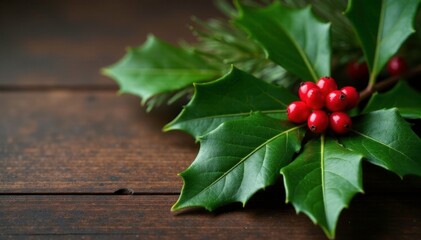 Large holly leaves with bright green and red berries on a dark brown wooden table, festive centerpiece, wooden table, evergreen leaf
