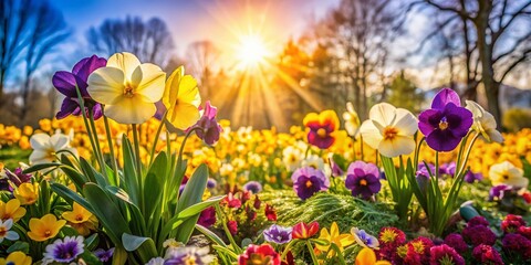 Fototapeta premium Vibrant Spring Flowerbed: Pansies, Violets & Daffodils - High-Resolution Stock Photo