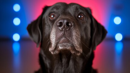 Fototapeta premium a black labrador retriever sitting on top of a table in front of a backdrop of colorful lights The background is slightly blurred, giving the focus to the dog