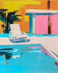 modern minimalist 1960s architectural contemporary painting of a Palm Springs home with umbrellas, chairs, pool, and palm trees using muted pastel colors. 