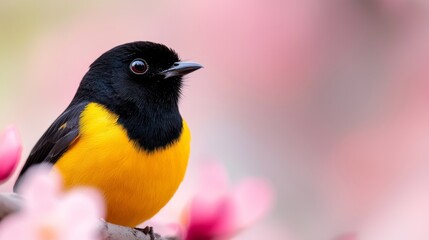 Naklejka premium a small yellow and black bird perched atop a tree branch surrounded by pink flowers