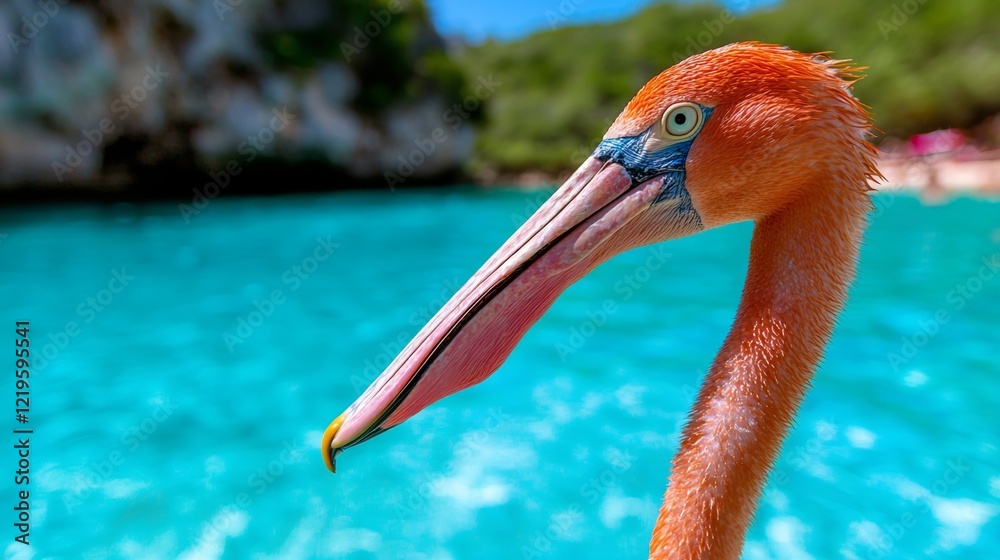 Poster  a pink pelican with a long beak standing in front of a body of water, surrounded by trees and a blurred sky in the background