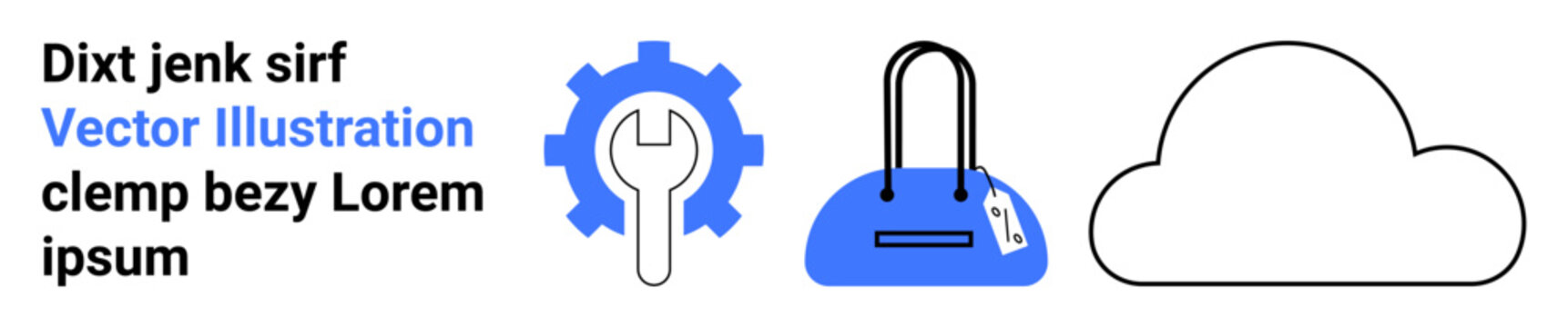Dixt jenk sirf Vector Illustration clemp bezy Lorem ipsum text with gear and wrench icon, shopping bag with tag, and cloud outline. Ideal for technology, shopping, cloud computing, branding