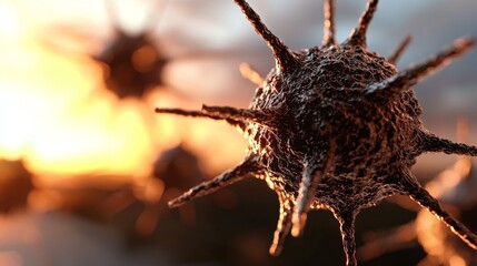Obraz premium a close up of a cancer cell in the sun, with a blurred background The cell is in focus, while the background is slightly blurred, giving the image a sense of depth