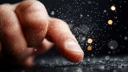 Fototapeta premium a person's finger with water droplets on it, set against a black background The resolution of the image is 1920x1200, making it suitable for use as a wallpaper
