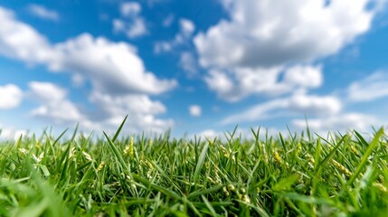 Obraz premium a lush green field of grass with a bright blue sky in the background, dotted with white fluffy clouds