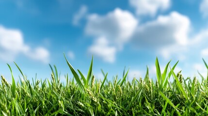 Fototapeta premium a lush green field of grass with a bright blue sky in the background The grass is vibrant and lush, and the sky is dotted with white, fluffy clouds