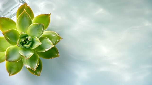  a green succulent plant in a glass vase on a blue background The succulent is a vibrant green color and the vase is transparent, allowing the viewer to see the suc