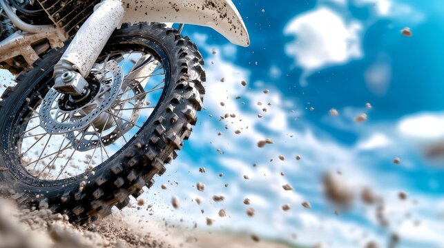  a dirt bike jumping in the air on a sunny day, with its front wheel in focus and the background blurred The sky is filled with white, fluffy clouds, creating a bea