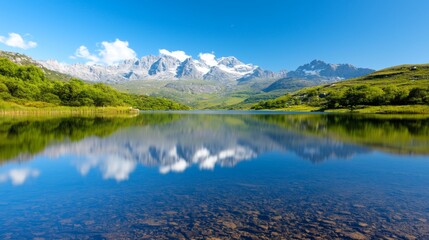 Naklejka premium a mountain lake with its reflection in the water, surrounded by lush green grass, plants, and trees, with snow-capped peaks in the background and a sky filled with