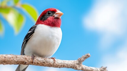 Fototapeta premium a red and white bird perched atop a tree branch, surrounded by lush green leaves and a bright blue sky