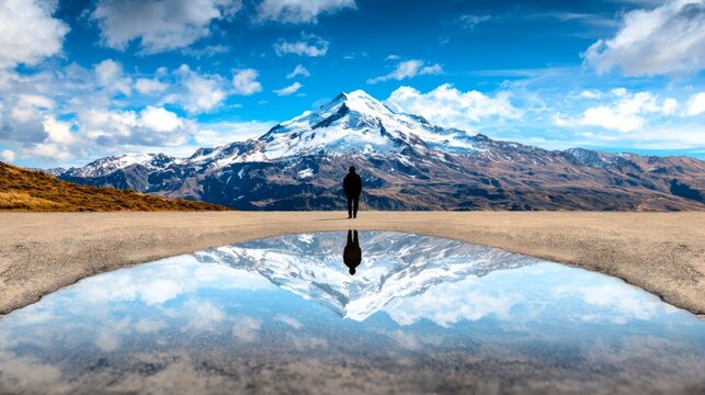  a person standing in front of a puddle of water, surrounded by hills and a sky filled with clouds The person appears to be reflecting in the puddle, creating a bea