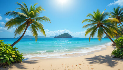Idyllic Tropical Beach with Lush Palm Trees and Turquoise Waters &ndash; Perfect Paradise Getaway