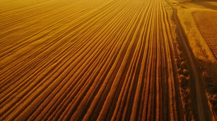 Obraz premium Golden Wheat Field at Sunset: An Aerial View of Serene Farmland