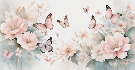 Romantic Watercolor Butterflies and Blossoms in Soft Pink and Brown Tones