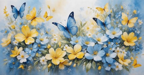 Realistic Blue and Yellow Butterflies with Matching Flowers Against Soft Blue Background
