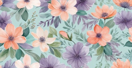 Fototapeta premium Watercolor Peach and Lavender Floral Pattern on Teal Background in Impressionistic Style