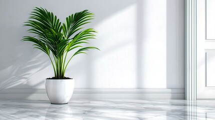 Fototapeta premium a potted plant sitting on top of a marble floor in front of a white wall, with a door on the right side The plant appears to be a houseplant, with lush green leave