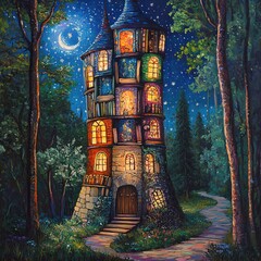 A tall, slender, library-like building made of books and windows with lights inside stands in the middle of an enchanted forest at night. 