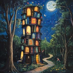 Obraz premium A tall, slender, library-like building made of books and windows with lights inside stands in the middle of an enchanted forest at night. 