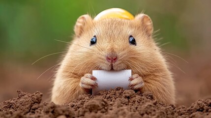  a hamster with a yellow hat on its head, holding a piece of paper in its mouth, surrounded by soil The background is blurred, suggesting the hamster is the focus o