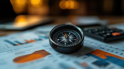 Compass on financial charts, fireplace background, planning