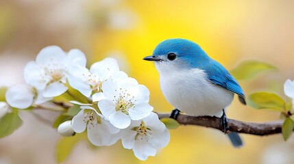 Fototapeta premium a blue and white bird perched atop a tree branch surrounded by white flowers and lush green leaves The background is slightly blurred, giving the bird a sense of f