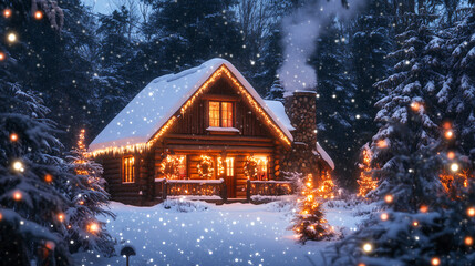 A warm, cozy cabin surrounded by snow, smoke coming from the chimney.