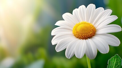 Fototapeta premium a white daisy with a yellow center and green leaves in the foreground, set against a blurred background