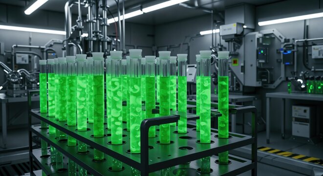 Biotechnology lab with glowing green liquid in test tubes for scientific research